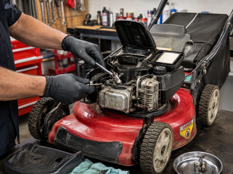 Mechanic servicing a lawn mower engine