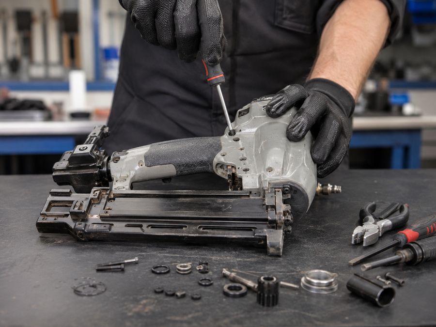 Technician repairing a pneumatic nail gun
